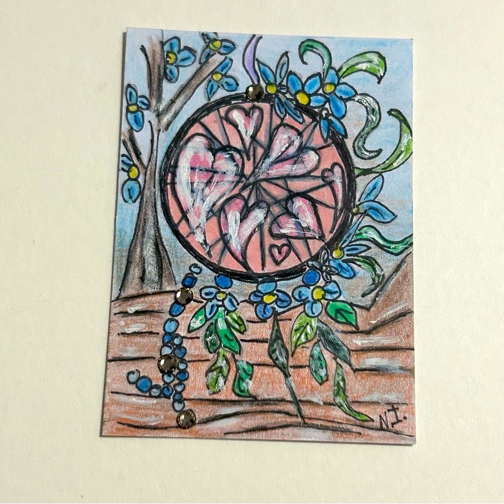 Handmade Dreamcatcher Art Floral Design and Hearts Valentine Spring Mixed Media